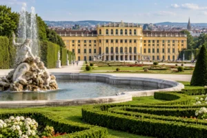 Vue du château de Schönbrunn derrière la fontaine et les jardins à la française, à Vienne.