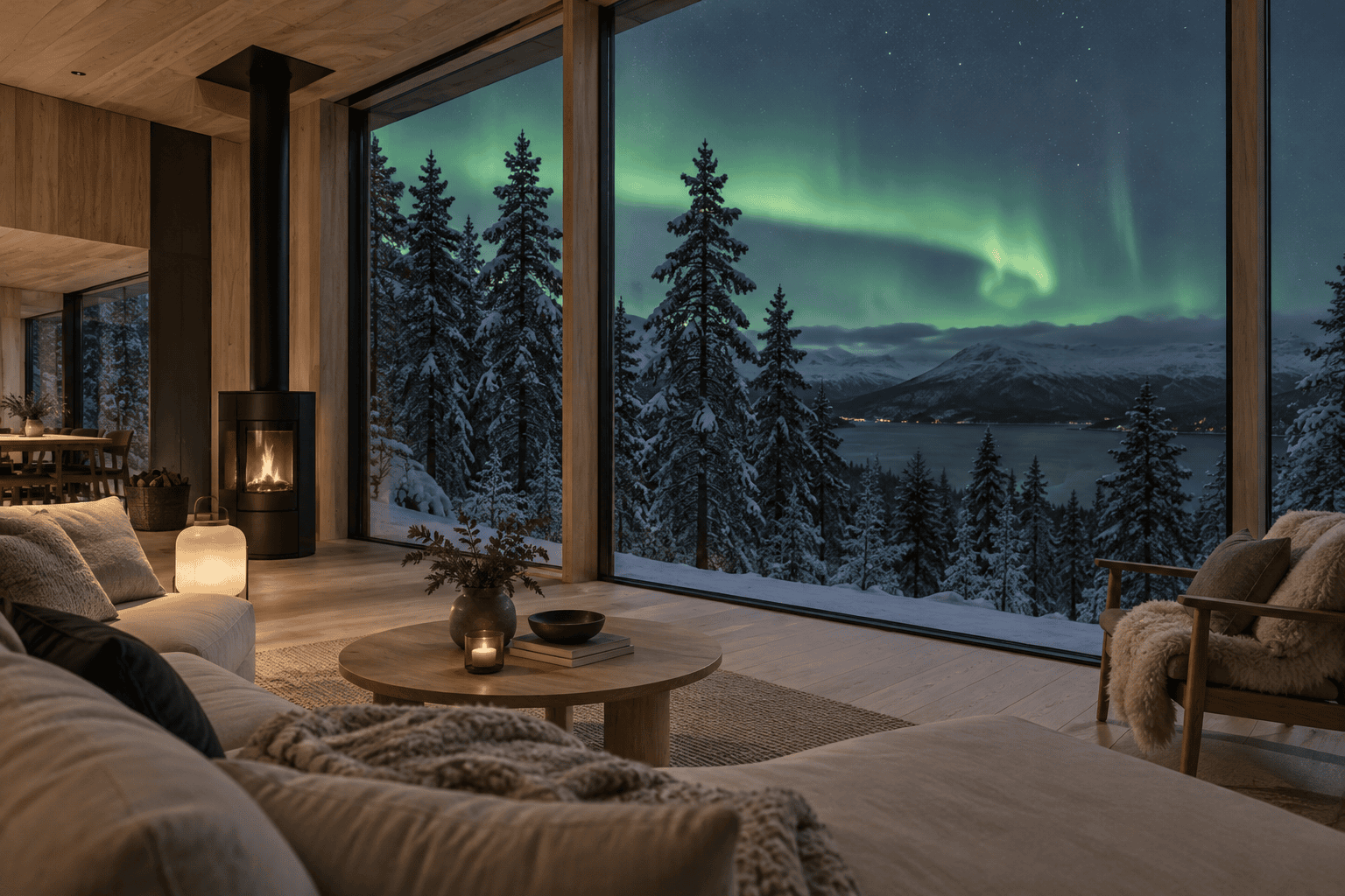 Cabine contemporaine vitrée face à une forêt enneigée et une aurore