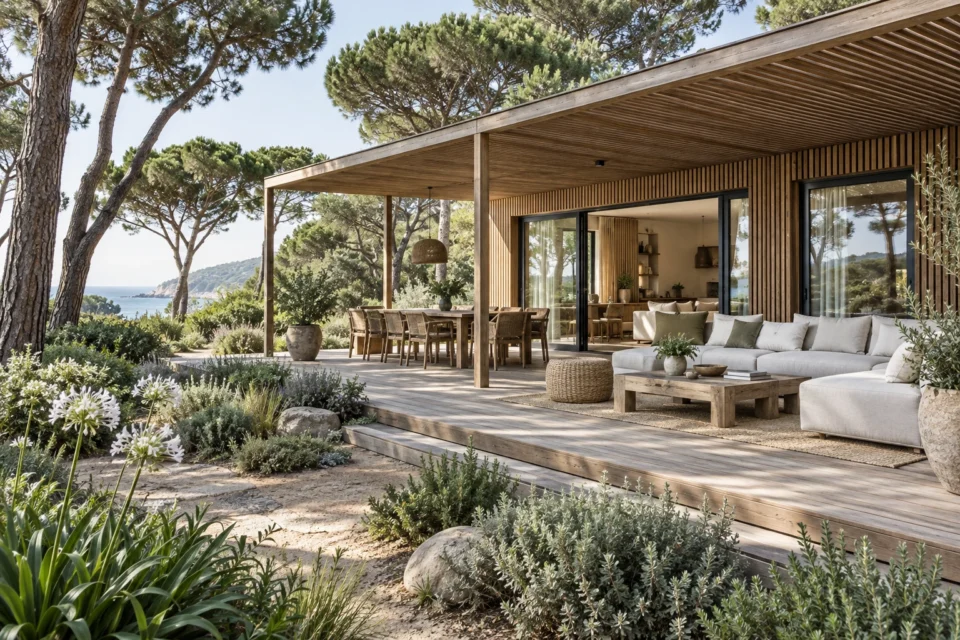 Illustration générée de cottage contemporain avec terrasse dans un jardin de pins