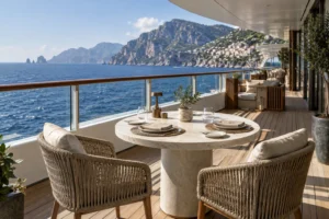Illustration générée d’une terrasse de bateau fictif devant une côte méditerranéenne