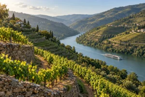 Illustration générée de vignobles et d’un bateau fictif dans un paysage inspiré du Douro