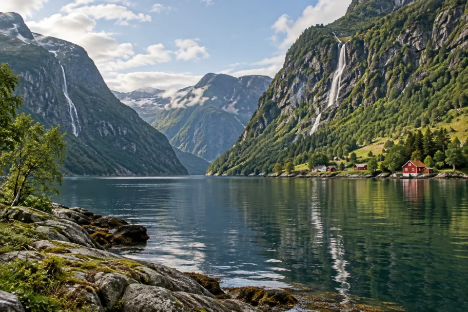 Illustration générée d’un fjord inspiré de l’ouest de la Norvège