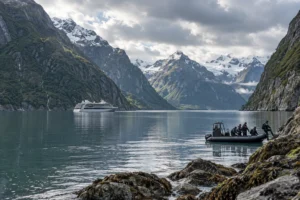 Illustration générée d’un fjord et de bateaux d’expédition fictifs