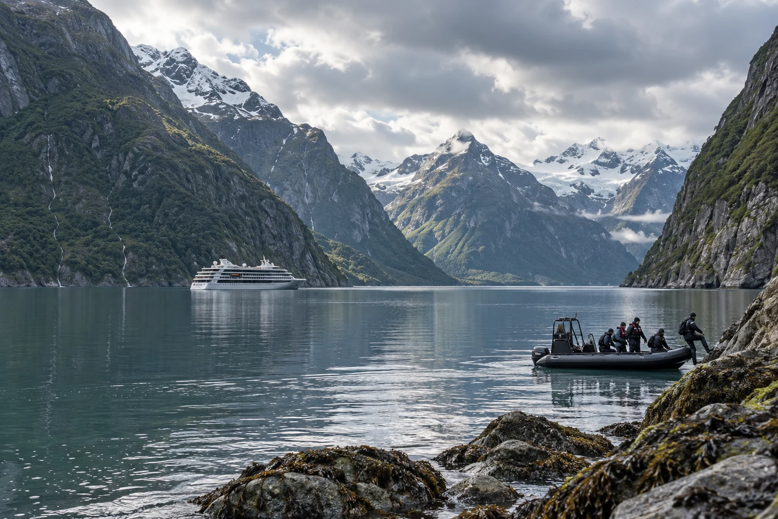 Illustration générée d’un fjord et de bateaux d’expédition fictifs