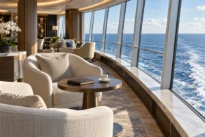 Illustration générée d’un salon de bateau fictif ouvert sur la mer