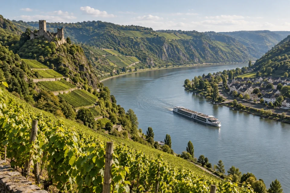 Illustration générée d’un château, de vignobles et d’un bateau fictif inspirée du Rhin moyen