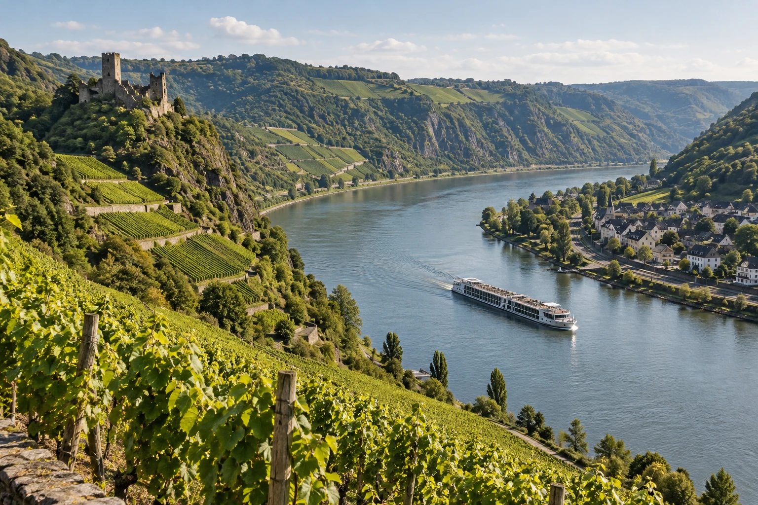 Illustration générée d’un château, de vignobles et d’un bateau fictif inspirée du Rhin moyen