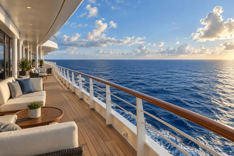 Illustration générée d’un pont de bateau fictif face à l’océan